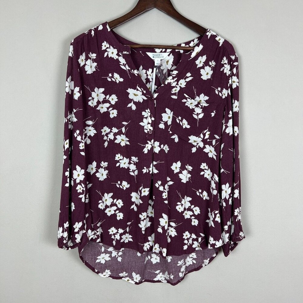 Market & Spruce Blouse Top Womens Large Purple White Floral Popover V-Neck New